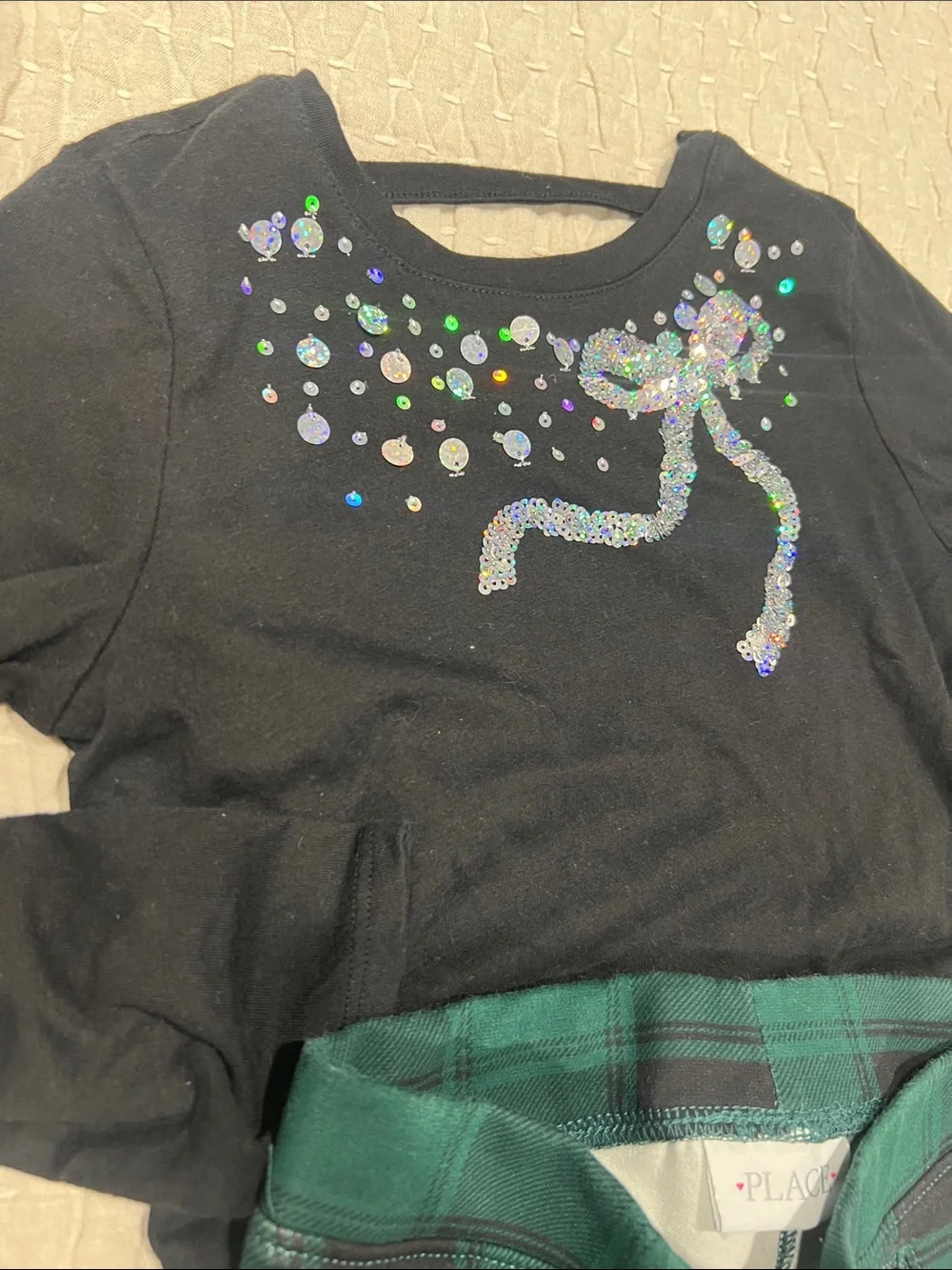 The Children's Place Matching Set: Blk top w/Grn/Blk Plaid Ponte Leggings